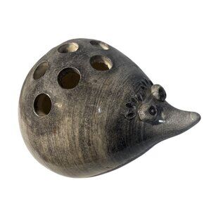 Ceramic Flower Frog Hedgehog Shape Signed Grey 4.5" Long